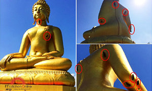 ผึ้งหลวงทำรังบนองค์พระสิงห์หนึ่ง องค์ใหญ่ที่สุดในโลก ที่เชียงรายกว่า 10 รัง