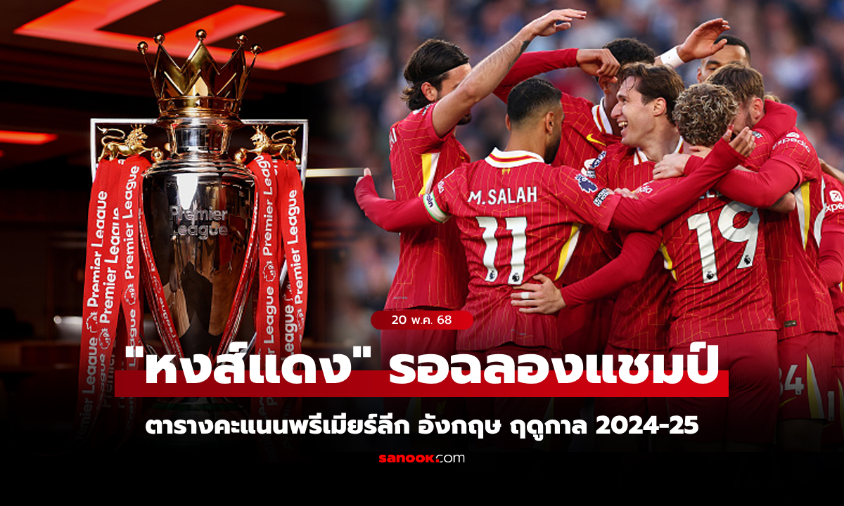 ตารางคะแนนพรีเมียร์ลีกอังกฤษ ฤดูกาล 2024-25 ประจำวันที่ 20 พ.ค. 68